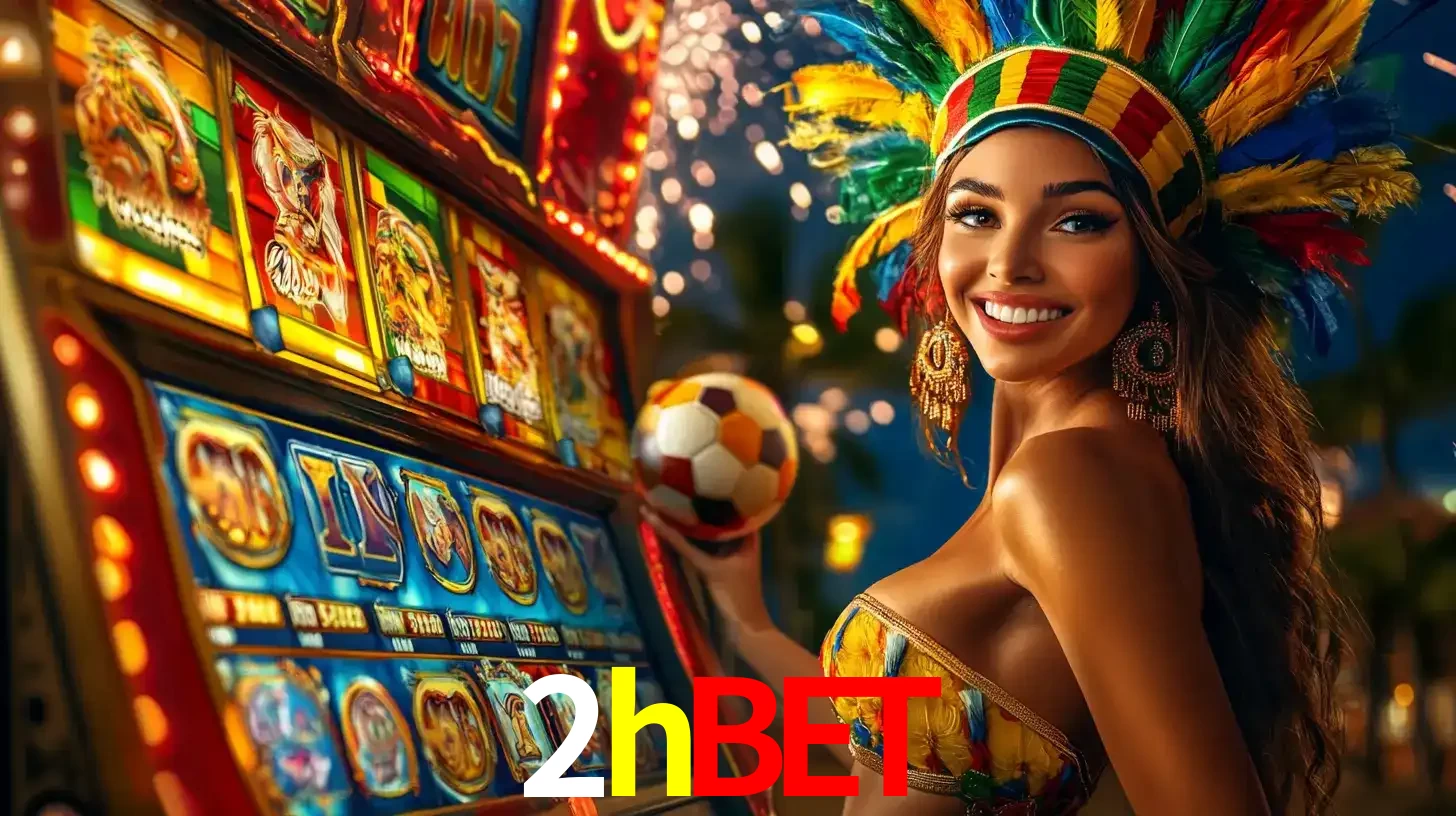 Mulher com um cocar de carnaval ao lado de uma máquina de caça-níqueis enquanto segura uma bola de futebol, mostrando a união da diversão de cassino e esportes no 2hbet.