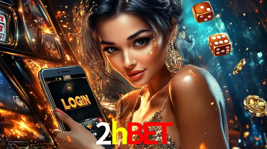 Mulher glamourosa segurando um celular com a tela de login do cassino 2hbet, rodeada por dados e moedas douradas, pronta para começar a diversão.