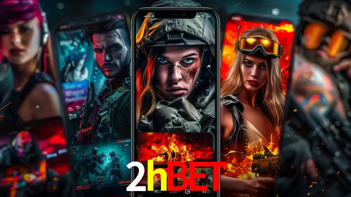 Montagem de telas de celular mostrando diversos personagens, masculinos e femininos, de um jogo de tiro, ilustrando a diversidade de equipes de e-sports para apostar no 2hbet.