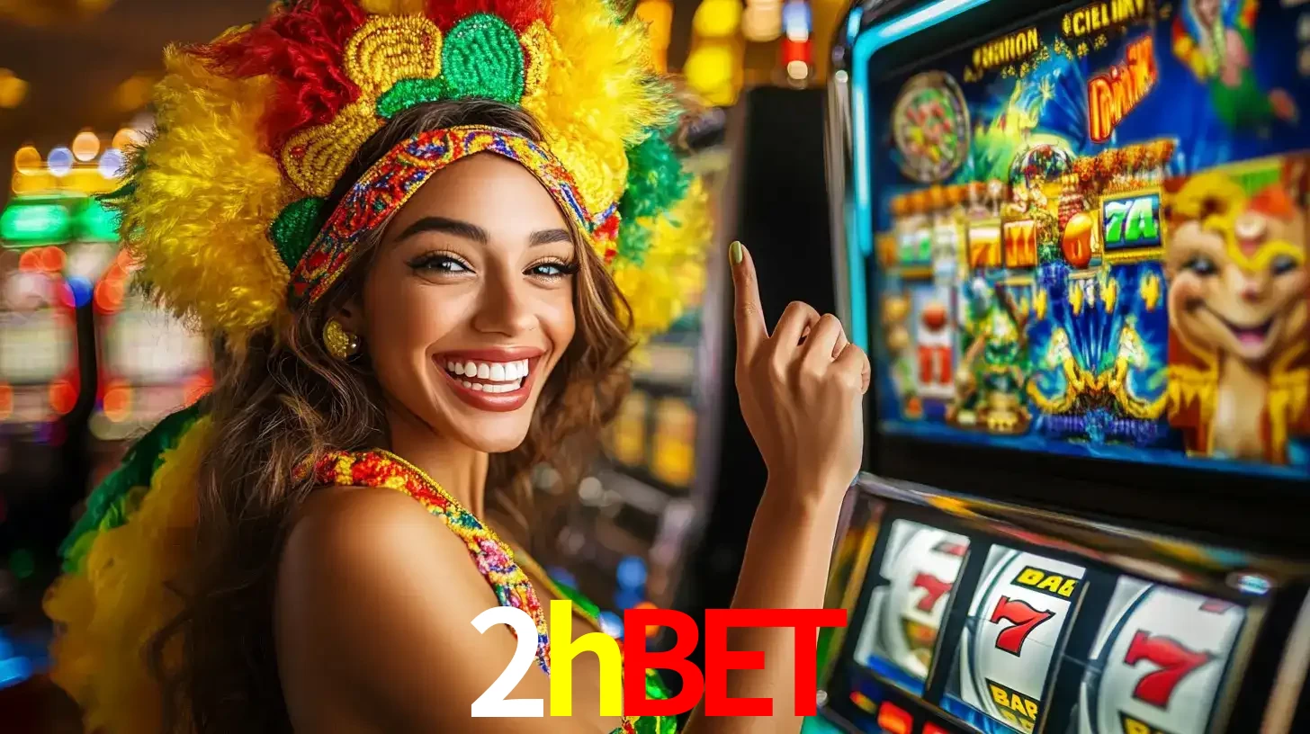 Mulher animada com um cocar de carnaval apontando para uma máquina de caça-níqueis, mostrando a emoção de ganhar um grande prêmio nos jogos do 2hbet.