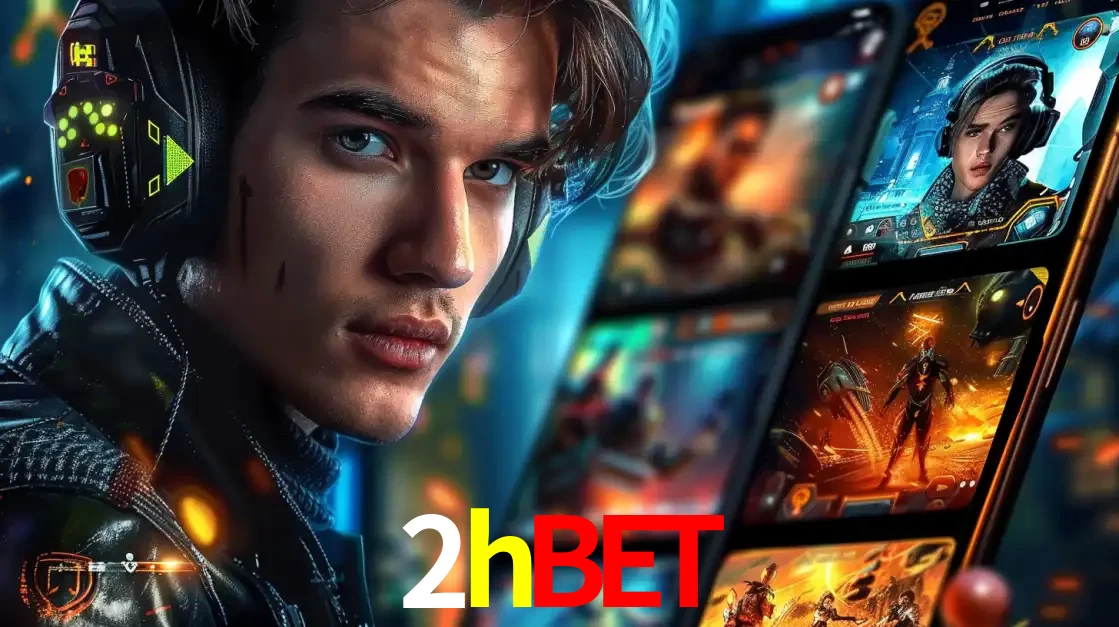 Jovem jogador com fones de ouvido olhando para a câmera, com um aplicativo de jogos e e-sports para celular ao fundo, pronto para a competição e apostas no 2hbet.