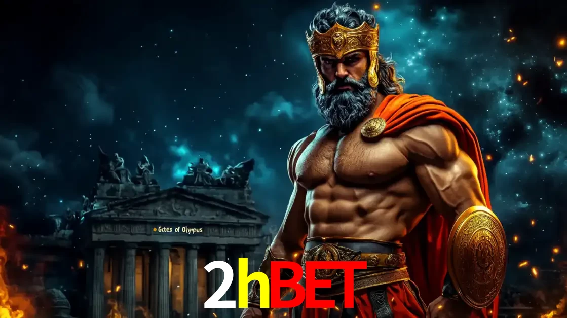 O poderoso Zeus do jogo de slot Gates of Olympus em frente ao seu templo, pronto para lançar multiplicadores divinos e prêmios épicos no cassino online 2hbet.