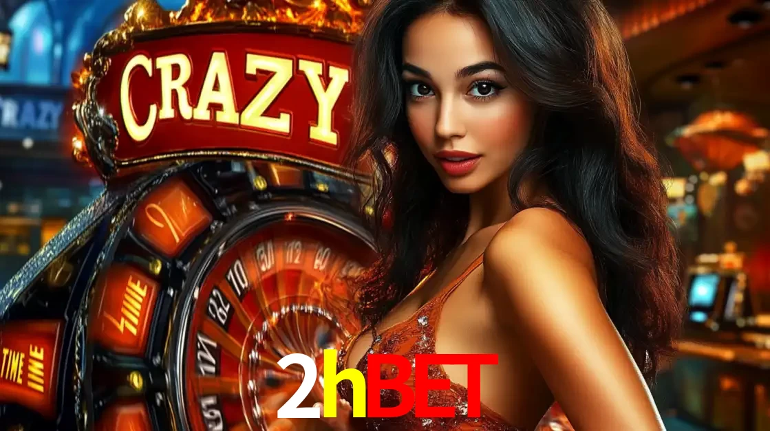 Mulher glamourosa olhando para a câmera com a roda vermelha do Crazy Time ao fundo em um ambiente de cassino, destacando a emoção dos jogos ao vivo no 2hbet.