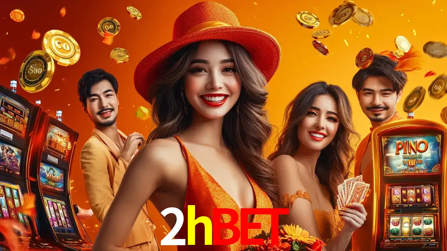 Grupo de amigos asiáticos sorrindo e se divertindo com máquinas de caça-níqueis em um ambiente festivo, celebrando suas vitórias nos jogos de cassino do 2hbet.