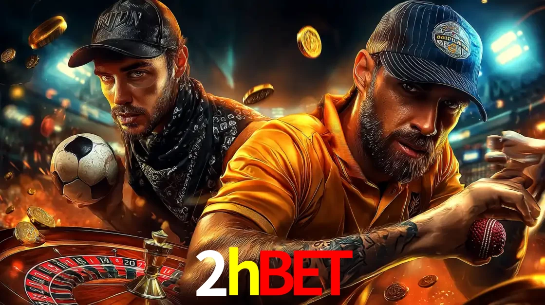 Montagem de apostas esportivas e cassino no 2hbet, com um homem segurando uma bola de futebol e outro uma de beisebol sobre uma roleta e moedas voadoras.