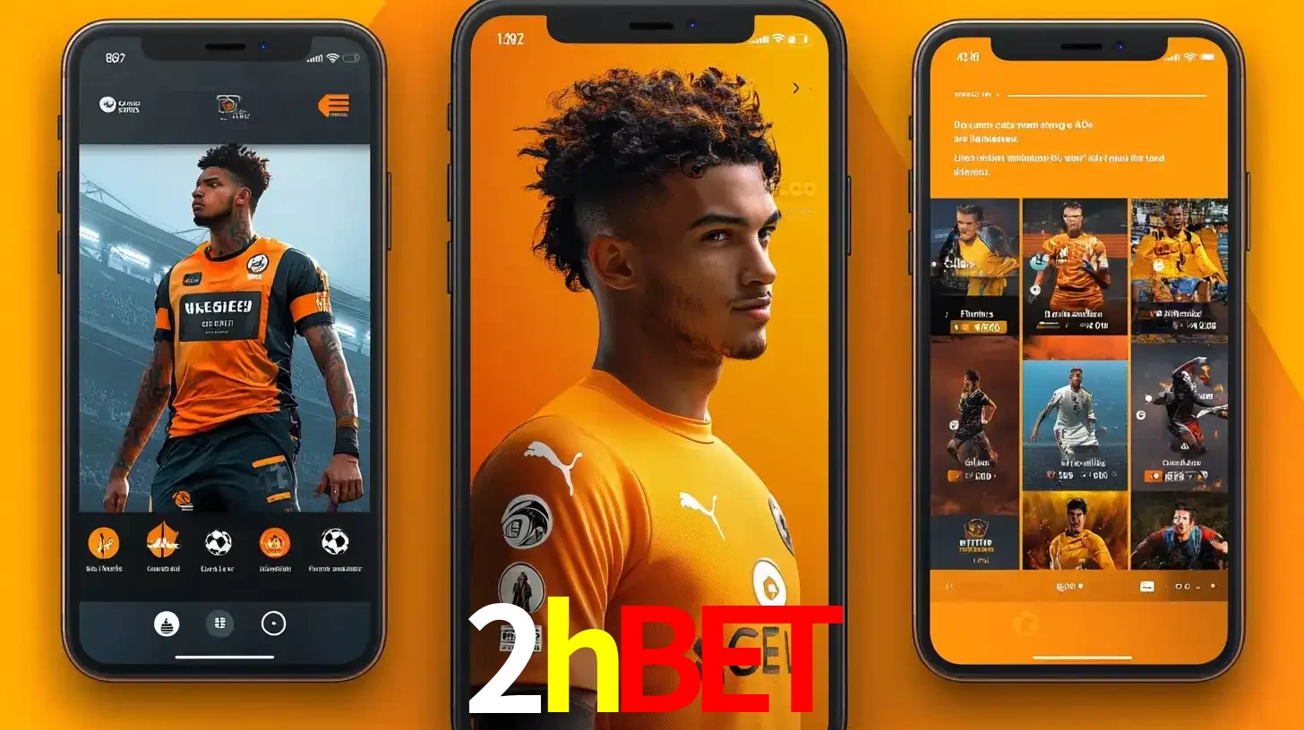Interface do aplicativo de apostas esportivas 2hbet em três telas de celular, mostrando o perfil de um jogador de futebol e a lista de jogos disponíveis para apostar.