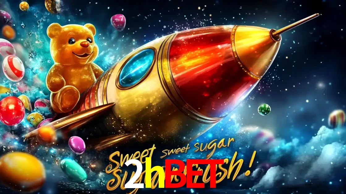 Arte promocional do jogo de slot Sugar Rush, com um urso de pelúcia em um foguete viajando pelo espaço de doces, um dos jogos divertidos disponíveis no cassino 2hbet.