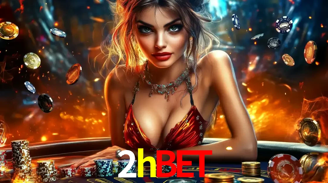 Mulher em uma mesa de cassino com pilhas de fichas e um fundo de fogo, pronta para uma rodada de altas apostas nos jogos de mesa emocionantes do cassino 2hbet.