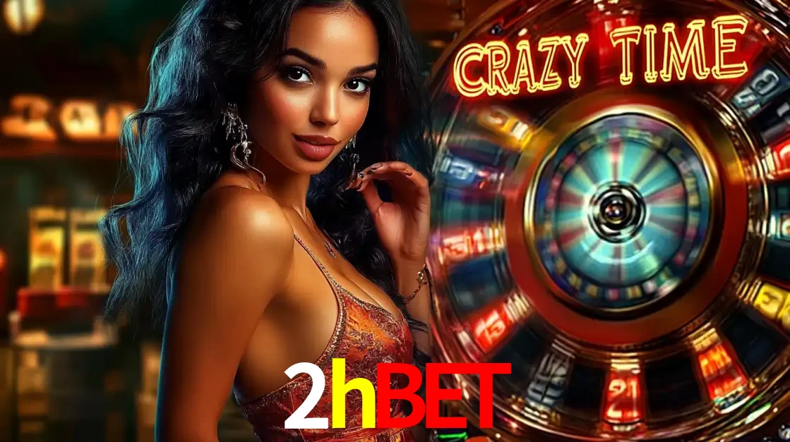Mulher elegante ao lado da vibrante roda da fortuna do jogo de cassino ao vivo Crazy Time, um dos game shows mais populares e cheios de prêmios do 2hbet.