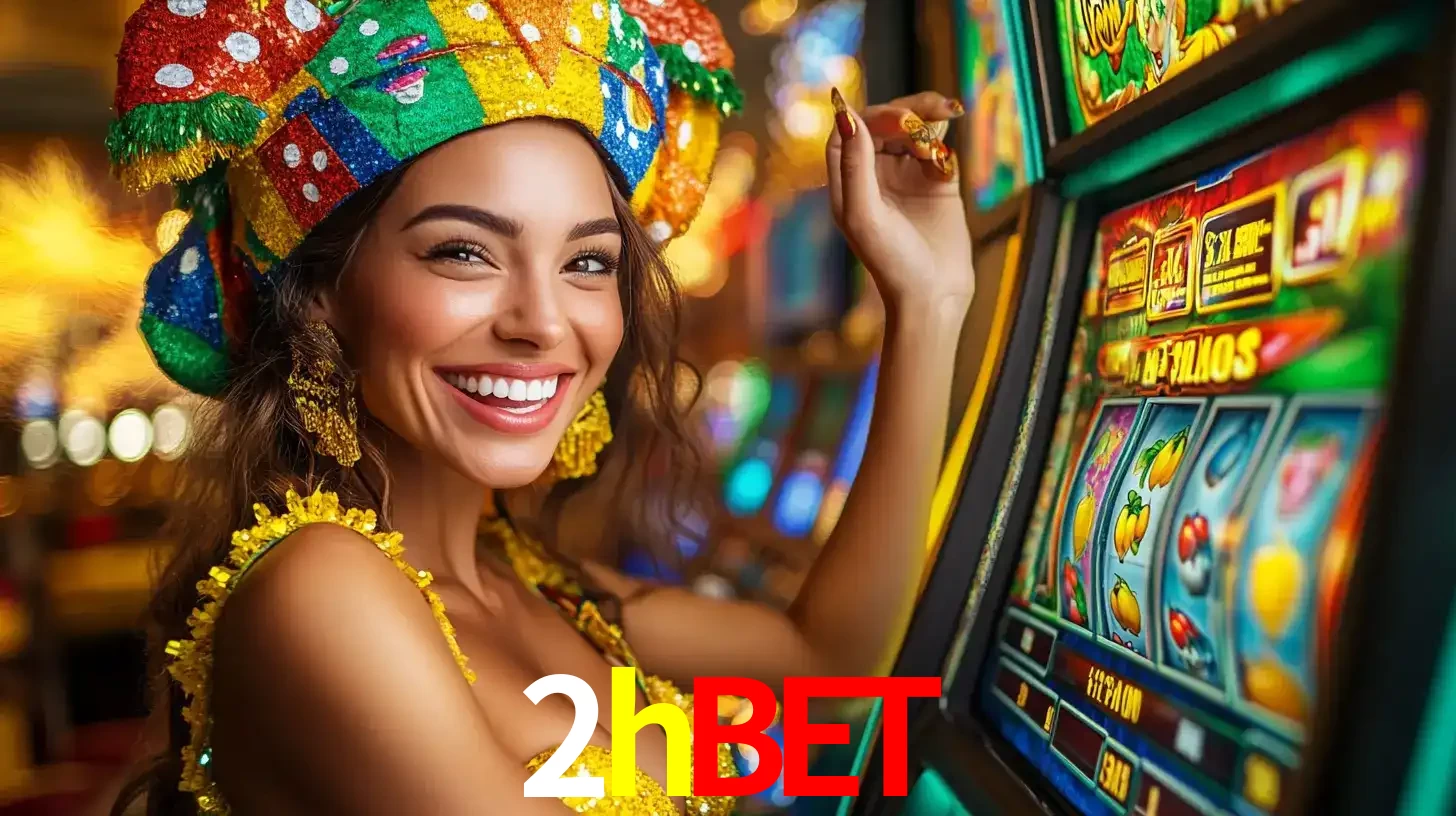 Mulher feliz com traje de carnaval amarelo e colorido ao lado de uma máquina de caça-níqueis, aproveitando a diversão e os jogos temáticos do cassino 2hbet.