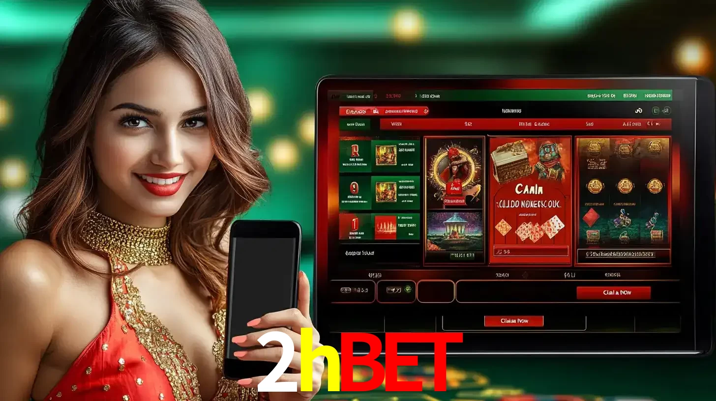 Mulher sorridente segurando um smartphone, ao lado de uma tela exibindo o lobby de jogos do cassino online 2hbet, com várias opções de jogos de cartas e slots.